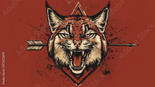 Wild bobcat icon, hunting season and hunter club badge or t-shirt print template. Vector hunt trophy lynx animal roaring with fangs and hunter crossbow arrow, sport society poster photo