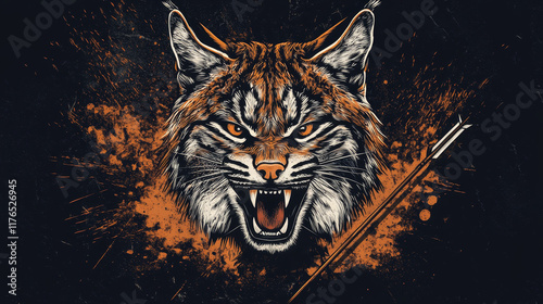 Wild bobcat icon, hunting season and hunter club badge or t-shirt print template. Vector hunt trophy lynx animal roaring with fangs and hunter crossbow arrow, sport society poster photo