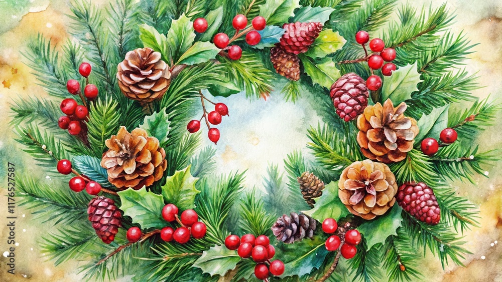 Fototapeta premium Watercolor Christmas Wreath Holiday Winter Decoration - Festive Stock Photo