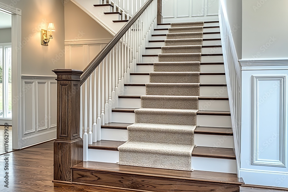 Fototapeta premium Grand staircase with wooden handrails and beige carpet in a bright elegant home : Generative AI