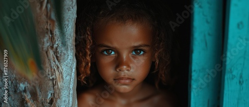 Serious Child Portrait  Ethnic Kid  Intense Gaze  Dark Background