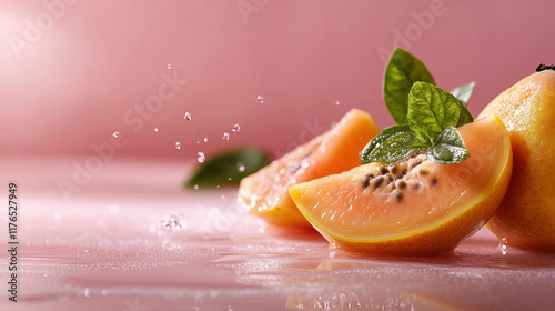 Healthy Skincare Concept Featuring Papaya Extracts on a Clean Soft Background with Glowing Dewy Effect photo