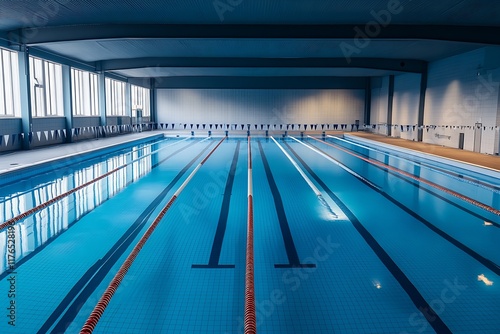 Spacious modern indoor swimming pool with blue water and white tile interior design : Generative AI photo