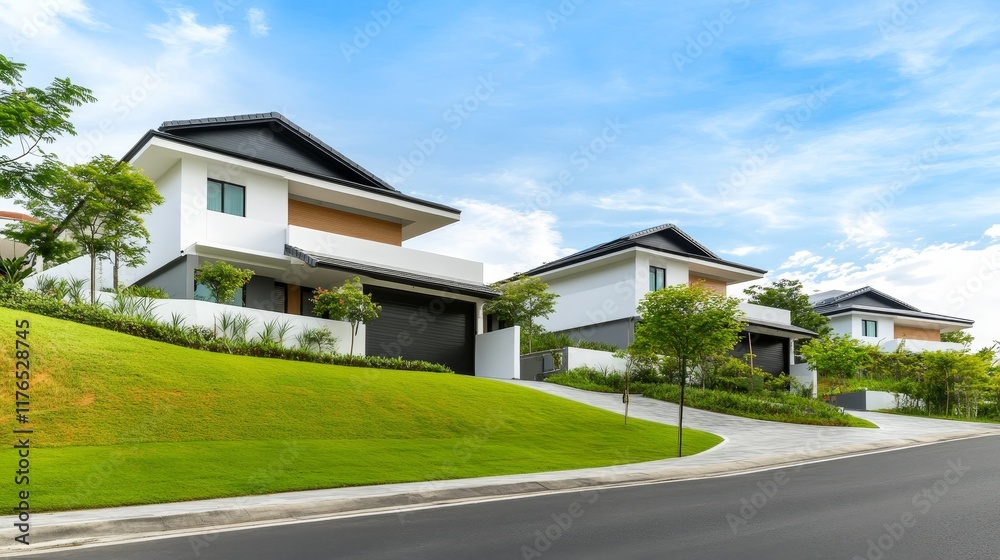 Modern houses on a sloping green landscape under a blue sky. Modern houses on a sloping green landscape under a blue sky.