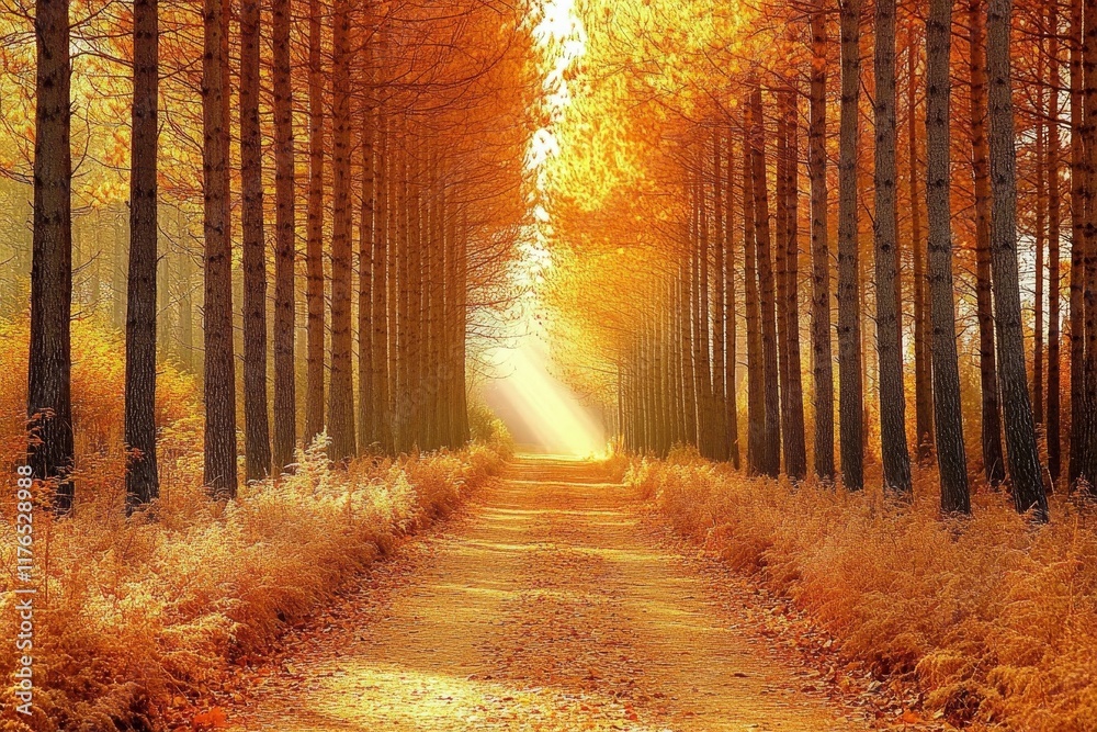 Fototapeta premium Sunlit autumn path through golden forest.