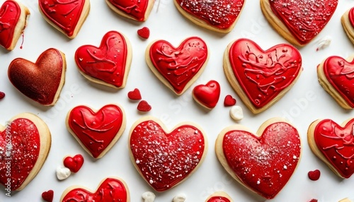Assorted cookies in the shape of hearts decorated with red icing on a white background.
