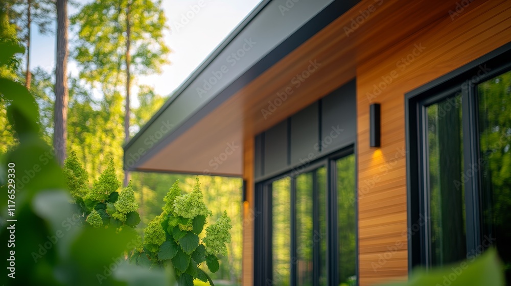 custom made wallpaper toronto digitalModern architectural design featuring a wooden facade and large windows amidst greenery.
