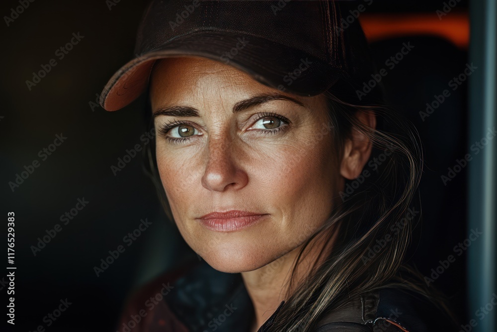 Female Trucker Standing Proudly Next to Her Rig in a Portrait Female Trucker Standing Proudly Next to Her Rig in a Portrait