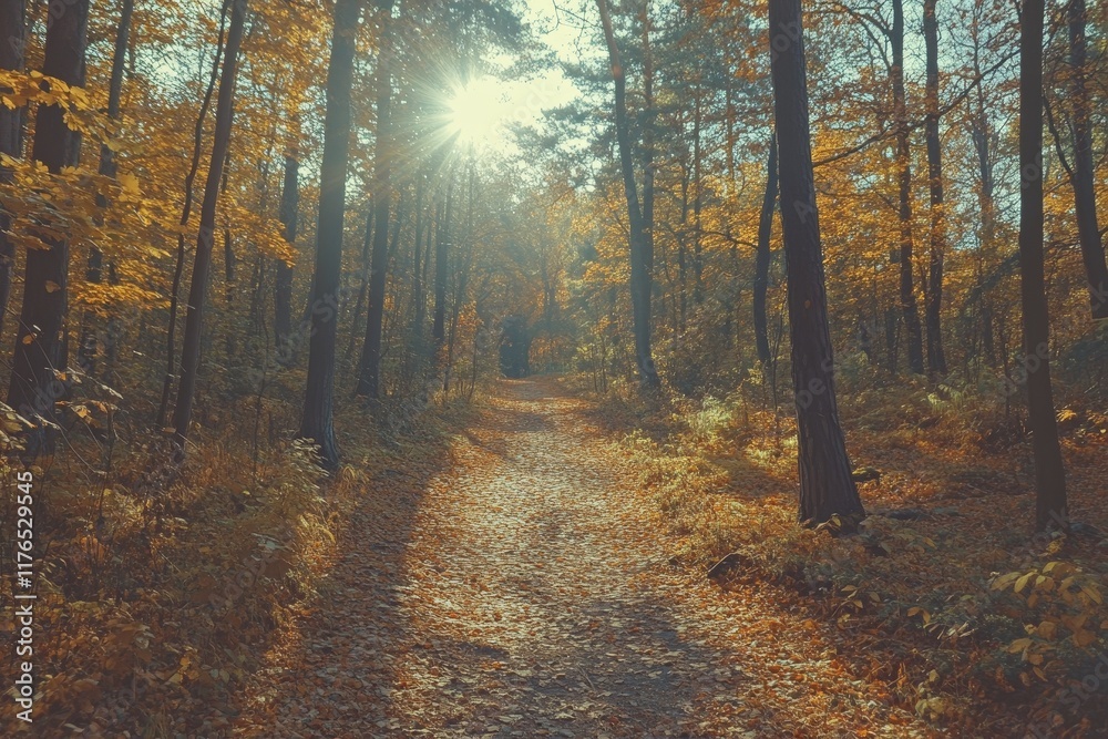 Obraz premium Sunlit autumn path through forest.