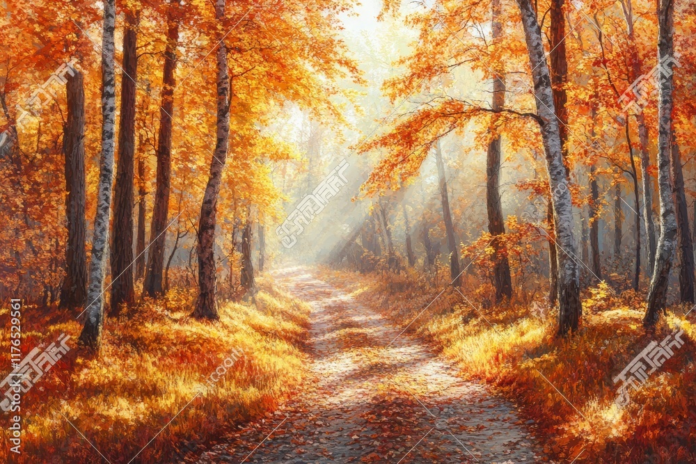 Fototapeta premium Sunlit autumn path through vibrant orange and gold forest.