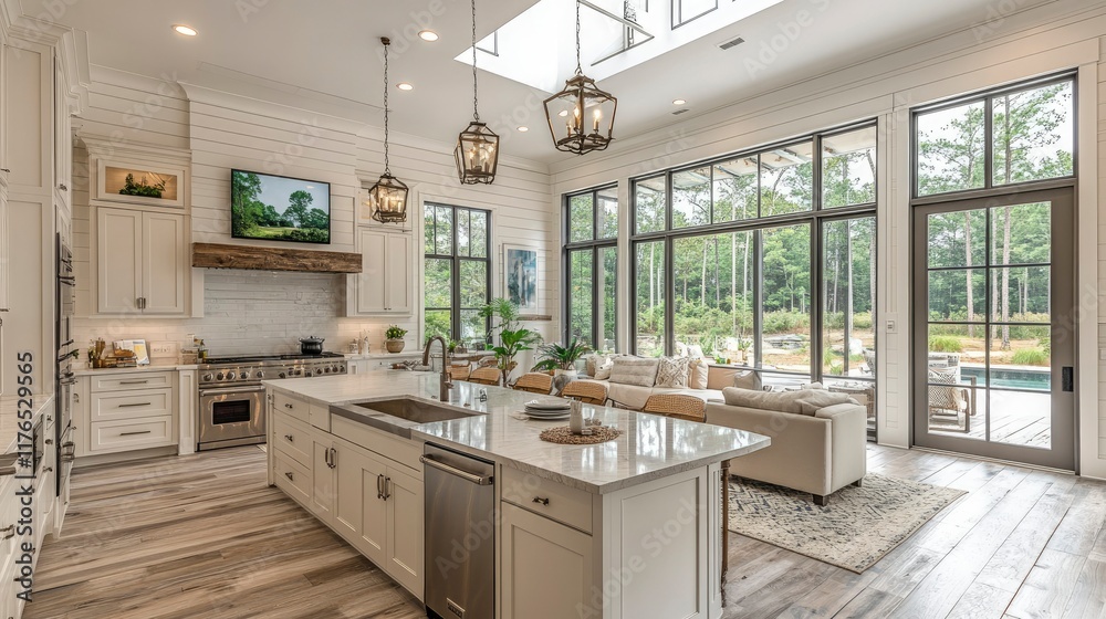 Fototapeta premium Luxurious Farmhouse Kitchen with Open-Plan Living Area and Stunning Natural Light
