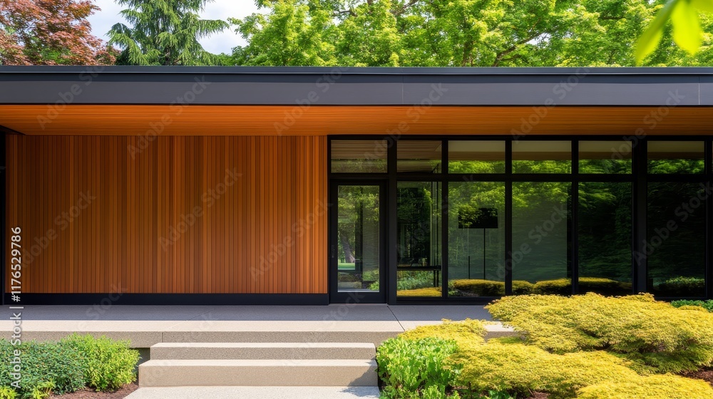 Fototapeta premium Modern architectural design featuring a wooden facade and large glass windows in a lush setting.