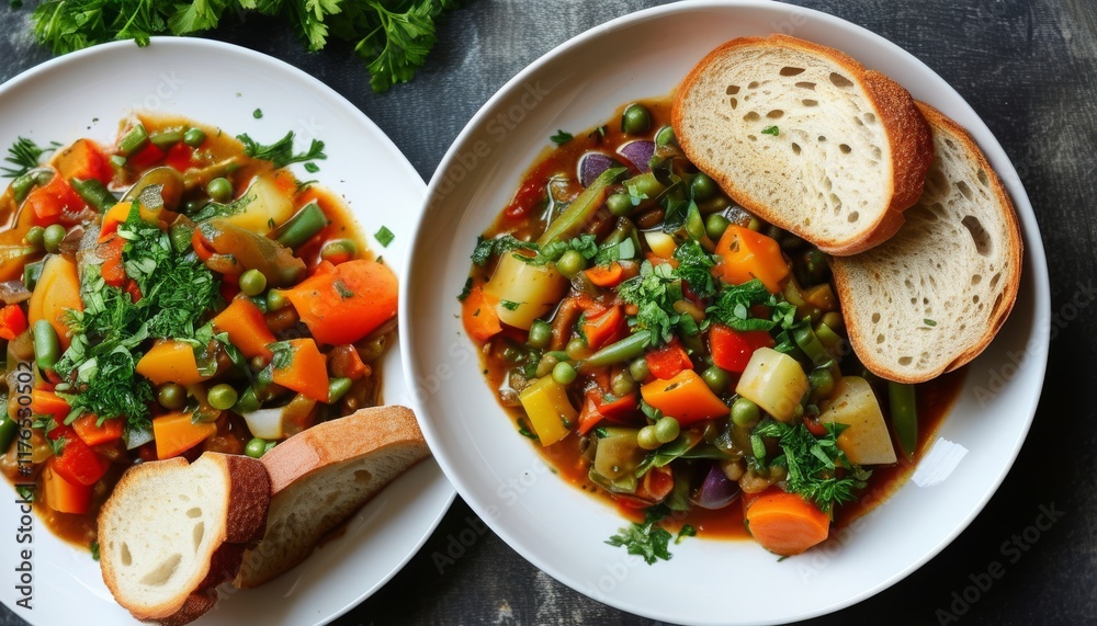 Colorful Vegetable Stew with Bread Slices Served on Two White Plates Colorful Vegetable Stew with Bread Slices Served on Two White Plates