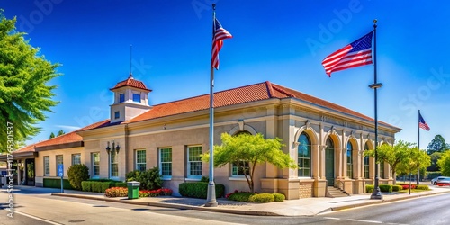 Watsonville Post Office Exterior, Postal Service Building, Mailbox, Flag, California photo