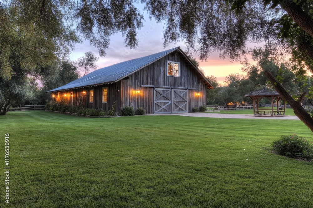 Obraz premium Rustic barn at sunset, lit exterior, green lawn, trees.