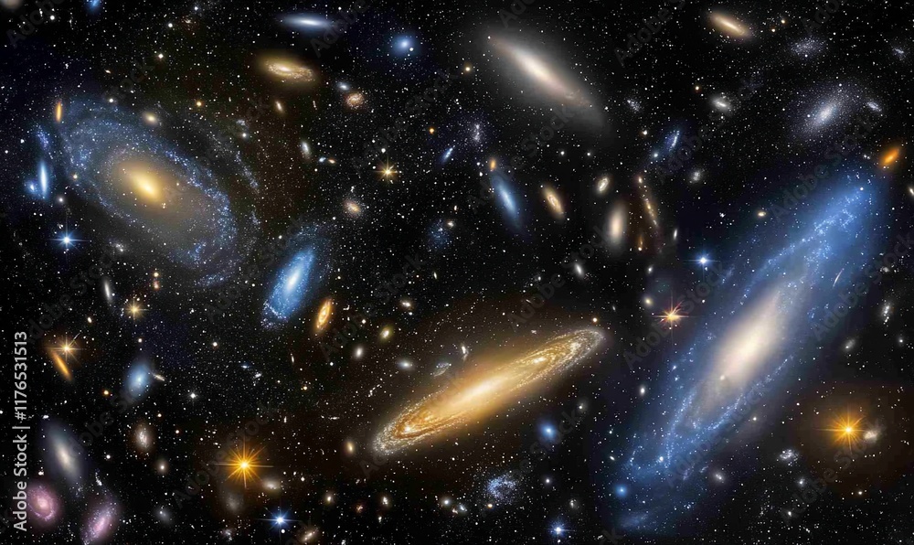 Galaxy cluster, cosmic expanse, deep space, stellar formation, background universe, science education Galaxy cluster, cosmic expanse, deep space, stellar formation, background universe, science education