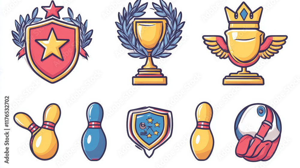Bowling game sport club icon set. Bowling ball and ninepins on lane, strike and champion trophy cup symbol with heraldic shield and wreath, adorned by ribbon banner, star, wing and crown Bowling game sport club icon set. Bowling ball and ninepins on lane, strike and champion trophy cup symbol with heraldic shield and wreath, adorned by ribbon banner, star, wing and crown