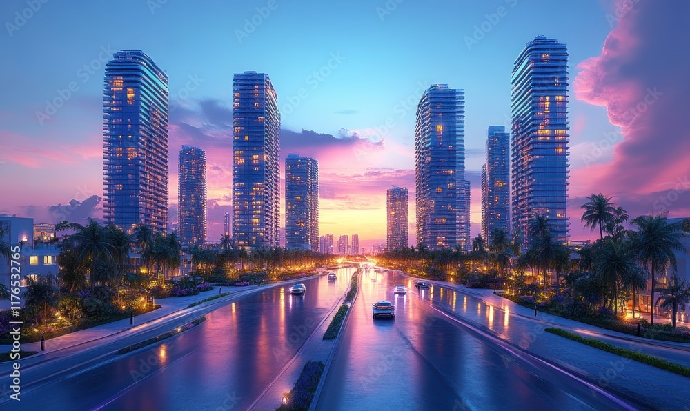 Fototapeta premium Modern city skyline, illuminated at twilight.