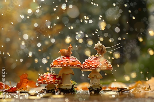 Miniature figures on vibrant red toadstools in a snowy, bokehfilled forest. Whimsical, magical, fairytalelike setting. Gentle snowfall adds to the charm. photo