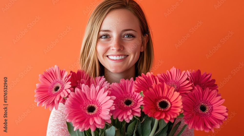 A cheerful young woman holding a bouquet of vibrant pink flowers, radiating positivity against a solid orange background, perfect to convey concepts of happiness, spring, freshness, and celebration.