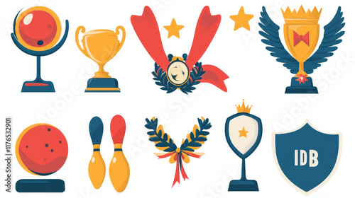 Bowling game sport club icon set. Bowling ball and ninepins on lane, strike and champion trophy cup symbol with heraldic shield and wreath, adorned by ribbon banner, star, wing and crown photo