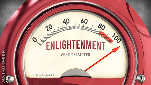 Enlightenment and Wisdom Meter that is hitting a full scale, showing a very high level of enlightenment, overload of it, too much of it. Maximum value, off the charts.  ,3d illustration photo