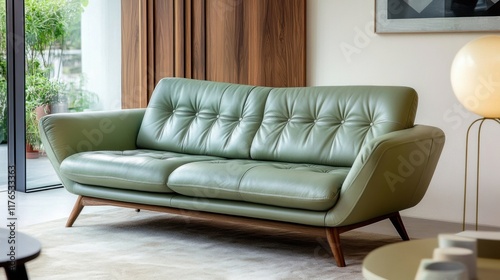 a green leather couch in a living room