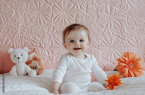 A cute baby girl sitting on the bed, wearing white short-sleeved shirt and light pink knitted overalls with blue eyes, smiling happily at her birthday party in front of a pastel-colored wall with a ra photo