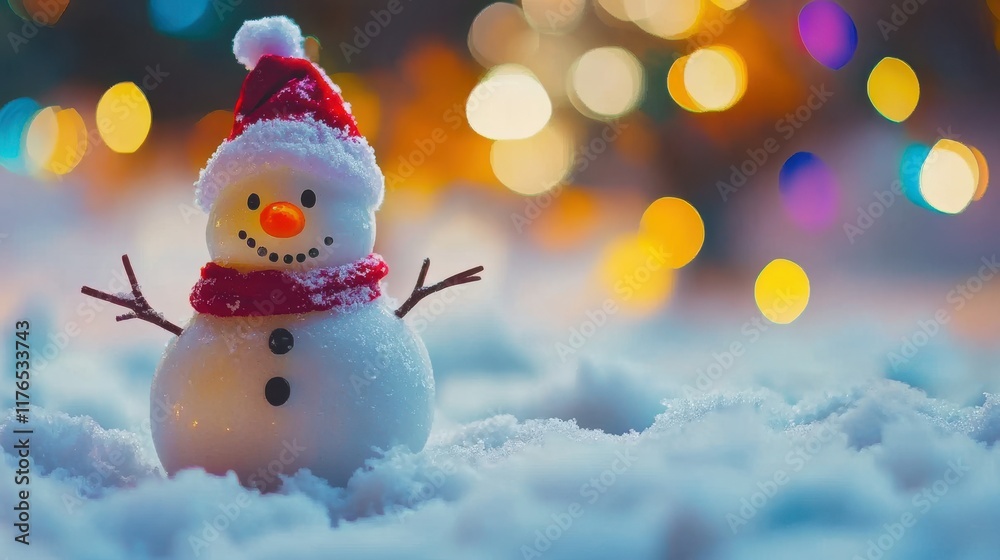 A snowman with a red scarf and a santa hat A snowman with a red scarf and a santa hat