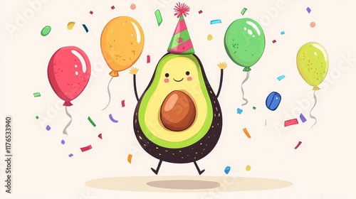 Cartoon avocado character on holiday party full of cheer. Vector clown healthy food personage wearing festive hat playing and dance with colorful balloons and confetti, celebrate birthday anniversary photo