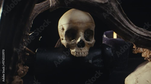 Human skull in a dark ritual.