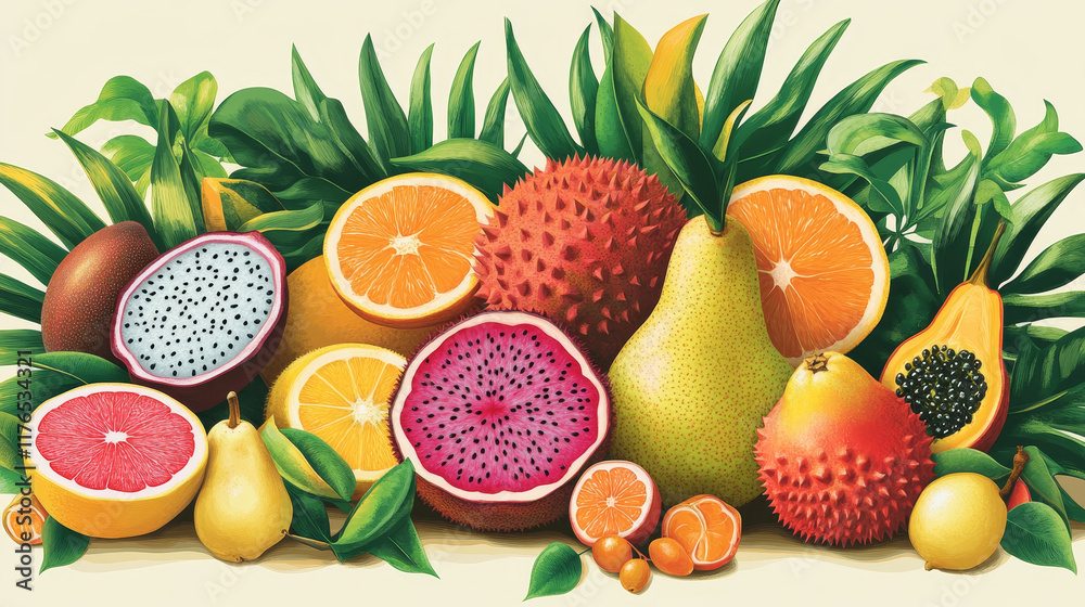 Exotic tropical fruits vector design with orange, grapefruit and lychee, feijoa, passion and dragon fruits, pear, guava and mangosteen, rambutan and tamarillo. Tropic berries with palm leaves posters Exotic tropical fruits vector design with orange, grapefruit and lychee, feijoa, passion and dragon fruits, pear, guava and mangosteen, rambutan and tamarillo. Tropic berries with palm leaves posters