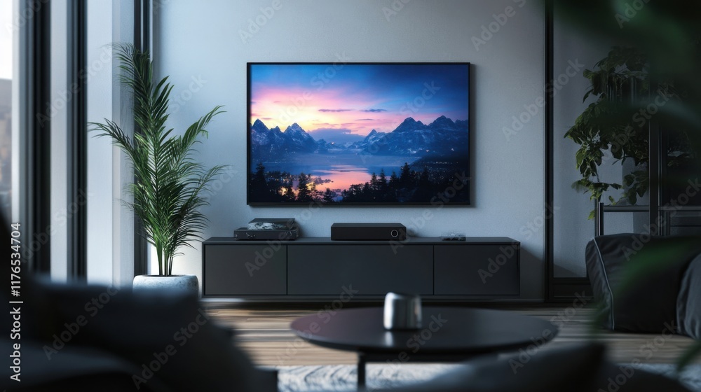 Fototapeta premium a living room with a tv and a plant