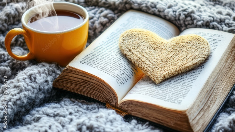 Open book with heart-shaped pages, placed on a fluffy blanket near a steaming cup of tea, evoking feelings of comfort and relaxation. Open book with heart-shaped pages, placed on a fluffy blanket near a steaming cup of tea, evoking feelings of comfort and relaxation.