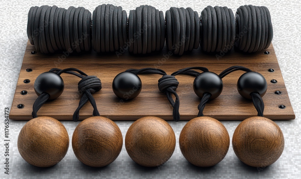Wooden board, black and brown spheres, cord. Wooden board, black and brown spheres, cord.