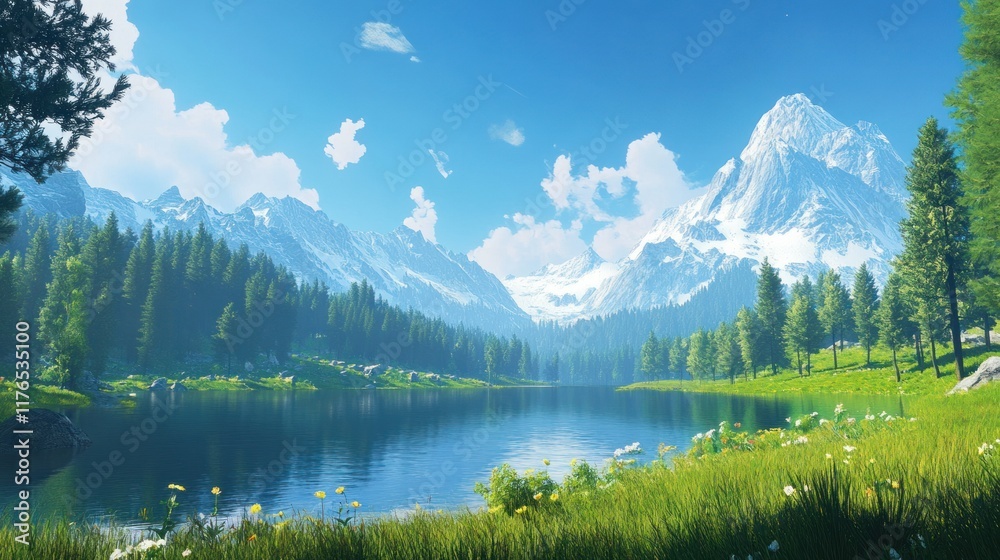 Fototapeta premium Rolling green meadows at the foot of towering alpine peaks, a serene forest lining a tranquil lake under a bright blue sky.