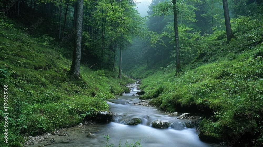 Fototapeta premium Rolling hills blanketed in mist rise gently in the Bavarian Alps, with a tranquil mountain stream winding through the lush green forest.