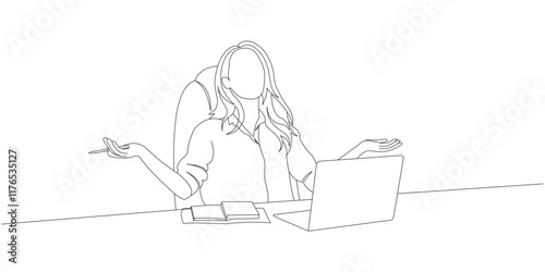 Line Art Illustration of a Woman Working on a Laptop with a Hand Gesture eps 2