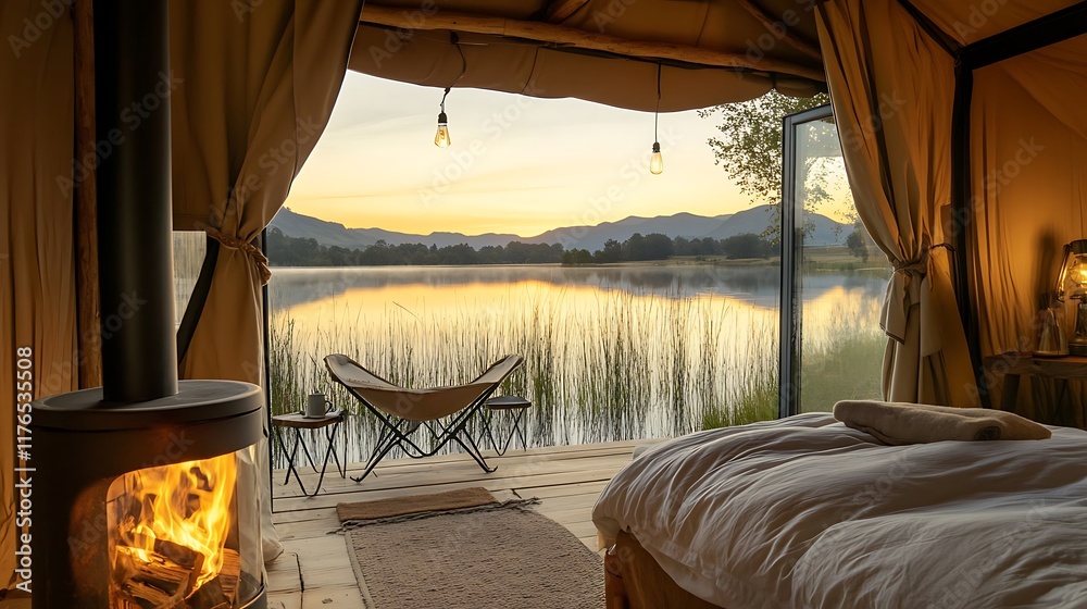 Sunrise view from a glamping tent with a lake, bed, and fireplace. Sunrise view from a glamping tent with a lake, bed, and fireplace.