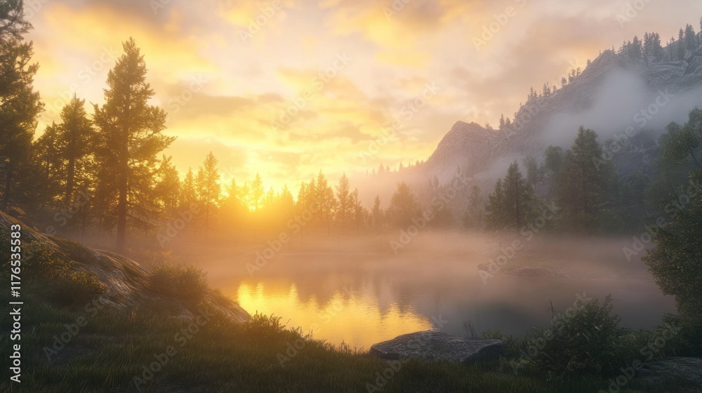 Fototapeta premium Soft golden rays illuminate a tranquil mountain scene, as the sunrise peeks through misty clouds over a serene forested valley