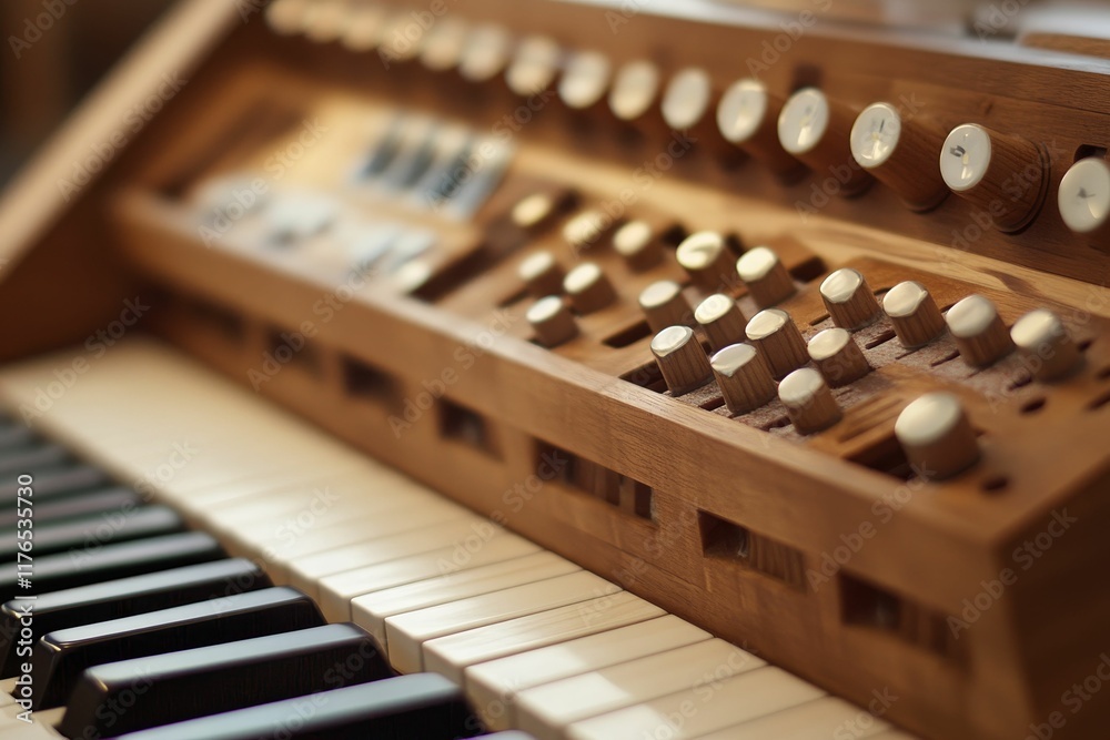 Wooden musical keyboard with many knobs. Wooden musical keyboard with many knobs.