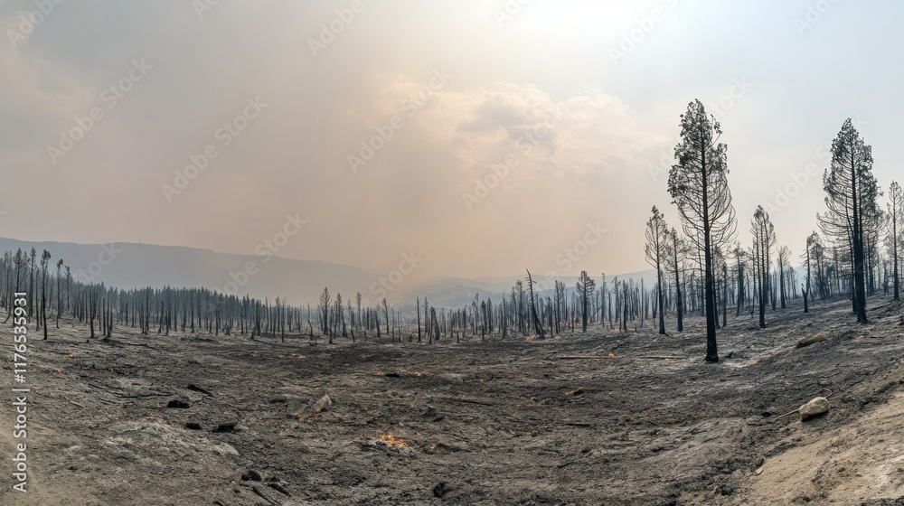 The aftermath of the forest fire in northern Greece, with charred trees standing amid smoldering ash and a gray, smoky sky. The aftermath of the forest fire in northern Greece, with charred trees standing amid smoldering ash and a gray, smoky sky.