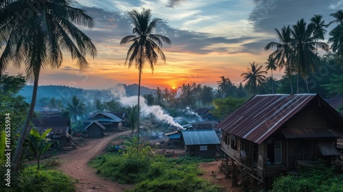 Sunset over a small village in rural Thailand, with smoke rising from cooking fires and wooden homes nestled among coconut trees