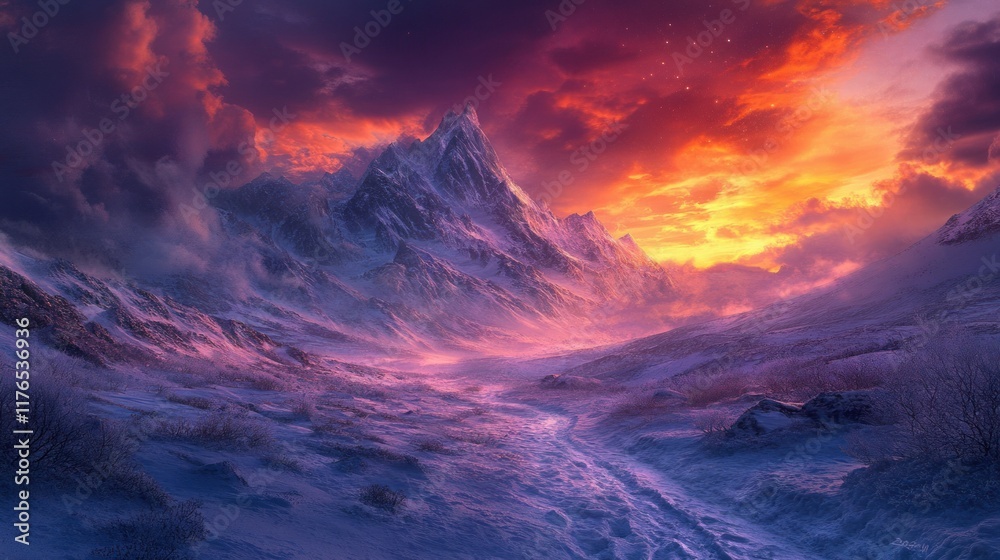 Naklejka premium The frozen beauty of a winter mountain range under a colorful sunset sky, with icy trails leading into the distance