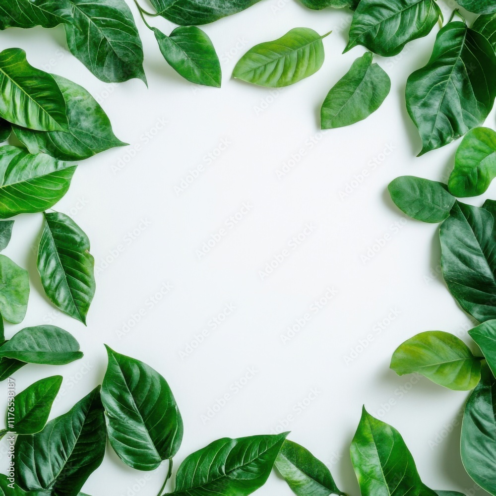 Vibrant Green Leaves Frame on White Background: Nature Photography Vibrant Green Leaves Frame on White Background: Nature Photography