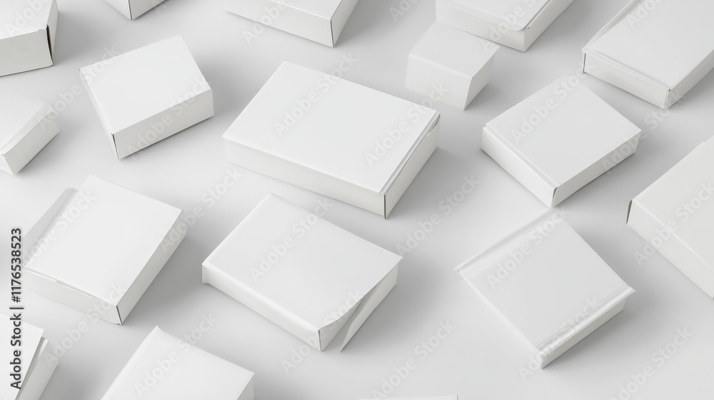 White paper boxes, empty blank product packages, vector realistic mockup templates. White cardboard carton square and round, rectangular and narrow boxes for pizza delivery, storage and shipping packs White paper boxes, empty blank product packages, vector realistic mockup templates. White cardboard carton square and round, rectangular and narrow boxes for pizza delivery, storage and shipping packs