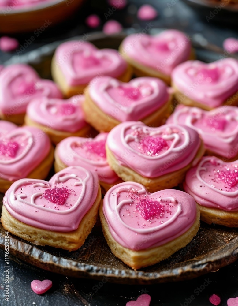 Assorted cookies in the shape of hearts, in pink glaze Assorted cookies in the shape of hearts, in pink glaze