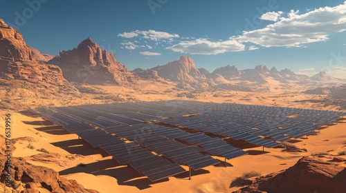 Solar panels array in a desert landscape with rocky mountains. photo