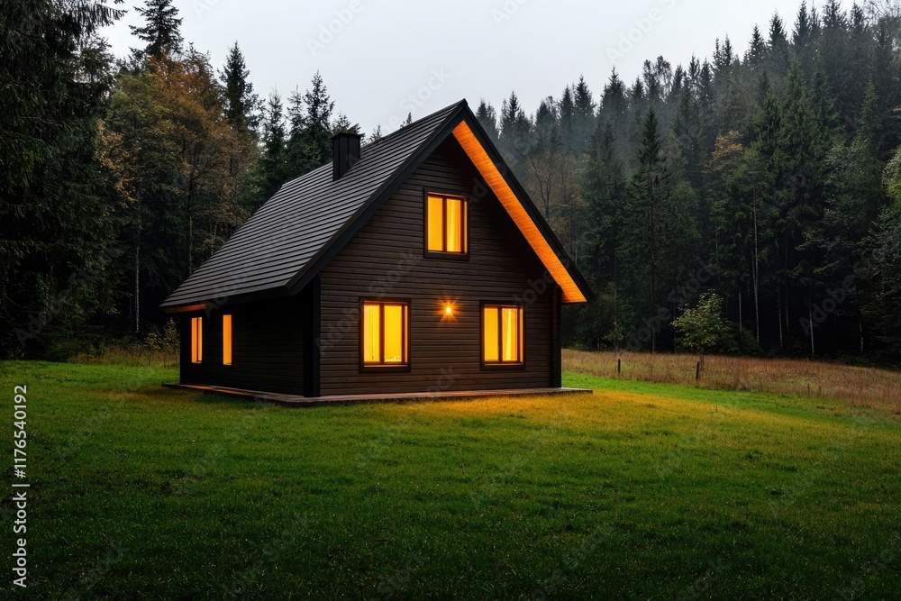 Obraz premium A cozy black cabin surrounded by lush trees, illuminated windows glowing warmly against a twilight sky, creating a tranquil atmosphere.