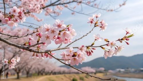 桜吹雪、風に舞う桜の花の花吹雪